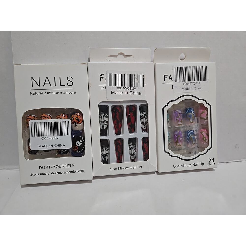 LOT OF 3 ASSORTED PRESS ON / GLUE ON NAILS, NEW IN BOX, 24 COUNT EACH BOX